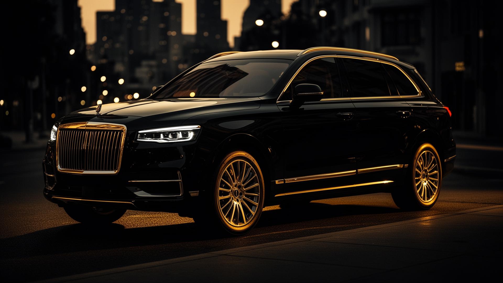 Carro de luxo preto com detalhes em dourado